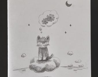 Dibujo original a lápiz: "Los proyectos del gato", grafito en blanco y negro.