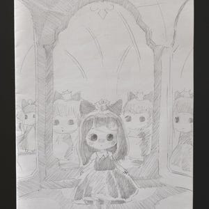 May include: Pencil sketch depicting a young girl in a dress and crown, with cat ear headbands, in a hall with arched doorways. Other similar figures are in the background, creating a whimsical scene.