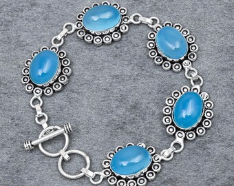 Armband aus blauem Chalcedon, handgefertigter Schmuck aus Neusilber, ovales Armband mit blauem Stein, Boho-Geschenk für Damen