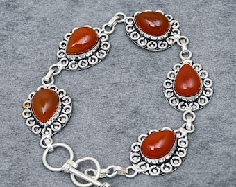 Armband aus rotem Onyx und Neusilber, handgefertigter Schmuck mit Cabochon-Edelsteinen