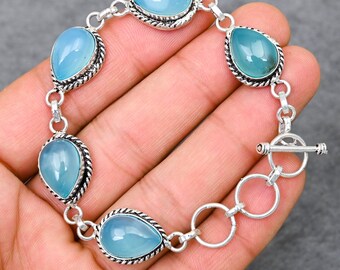 Handgefertigtes Armband aus blauem Chalcedon und Neusilber, Boho-Schmuckstück
