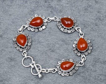 Armband mit rotem Onyx-Cabochon in Neusilber, birnenförmiges Gliederarmband mit rotem Edelstein, Stammes-Silberschmuck, Geschenk für Sie