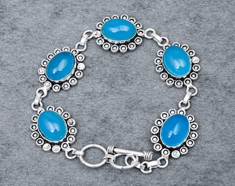 Armband aus blauem Chalcedon und Neusilber, antikes ovales Gliederarmband mit Edelstein