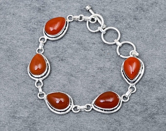 Armband aus Neusilber mit rotem Edelstein, tropfenförmiges Gliederarmband mit rotem Stein, Boho-Schmuck