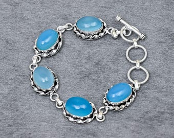 Himmelblaues Chalcedon-Armband – Ovaler Knebelverschluss mit Seilkante
