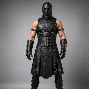 May include: A black leather-like sleeveless vest with multiple buckles, straps, and a central metal ring. It features a kilt-style skirt with a cross emblem, matching arm gauntlets, tall boots, and a full-face mask with circular eye cutouts.