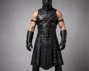 Schwarzer Leder-Gladiator-Kilt für Herren, Gothic-Krieger-Kostüm, Mittelalter-Rüstungskostüm, LARP-Kampfanzug, Halloween-Cosplay-Outfit