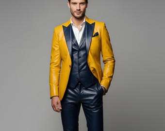 Gelb-Marine Lederkombi Herren | Designer Slim Fit Blazer Weste Hose Outfit