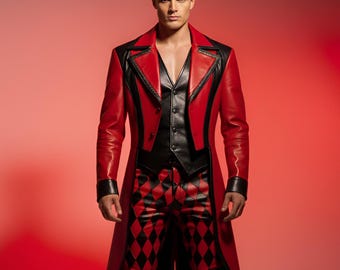 Rot Schwarz Leder Trenchcoat Set – Gothic Harlekin Hosen Outfit – Designer Statement Wear