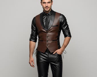 Herren Braun Leder Weste & Schwarz Slim Fit Hose Set Abend Party Outfit