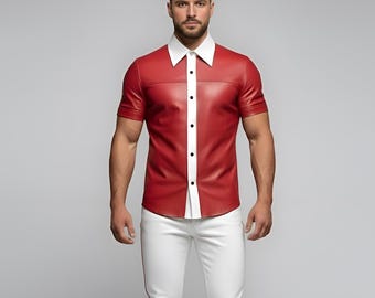 Men’s Red Leather Shirt and White Leather Pants Set | Luxury Two Piece Leather Outfit for Men | Handmade Custom Fit Leather Wear