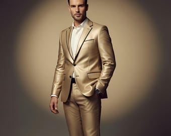 Herren-Echtlederanzug in Gold – Metallic-Blazer und -Hose – Maßgeschneidertes formelles Outfit
