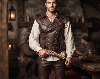 Braunes Lederwesten- und Hosen-Set für Herren, Mittelalterliches Tavernenkostüm, Renaissance-Festival-Outfit, Fantasy-Abenteurer-Cosplay