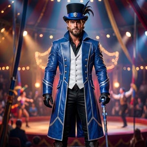 Può includere: Un costume da direttore di circo con un lungo cappotto blu con finiture argentate, un gilet bianco, pantaloni neri e guanti neri. L'outfit include un cilindro blu abbinato con una piuma e un bastone color argento su un palcoscenico in legno.