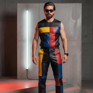 Könnte beinhalten: Ein zweiteiliges Outfit aus schwarzem Oberteil und Hose. Das Oberteil und die Hose haben farbige Blöcke in Gelb, Rot und Blau. Die Person trägt eine Sonnenbrille und schwarze Schuhe.