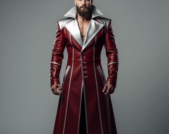 Herren Rot Leder Gothic Trenchcoat | Silber Kragen Vampir Style Designer Jacke