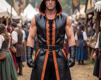 Herren-Ledermantel mit Kapuze, Mittelalterliche Lederweste, Kostüm für Renaissance-Festivals, Ärmelloser Ledermantel, LARP-Cosplay-Outfit