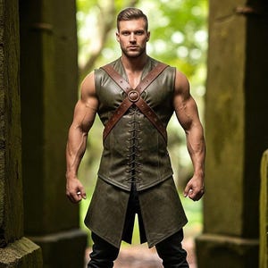 Handmade Olive Green Leather Medieval Vest with Harness: LARP Cosplay Armor