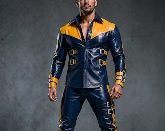 Men’s Blue Yellow Leather Outfit, Genuine Leather Biker Shirt Pants Set, Gothic Rockstar Stage Costume