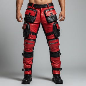 Mens Red & Black Leather Cargo Pants | Gothic Biker Trousers