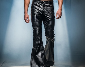 Men's Black Crocodile Embossed Leather Flared Pants | Gothic Biker Bell Bottoms