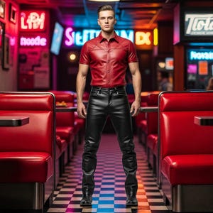 Men&#39;s Red Leather Shirt & Black Pants Set: Gothic Festival Outfit
