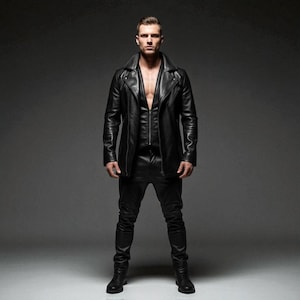 Men’s Black Leather Biker Jacket and Pants Set | Long Zip-Up Moto Coat & Slim Fit Leather Trousers | Custom Handmade Leather Outfit