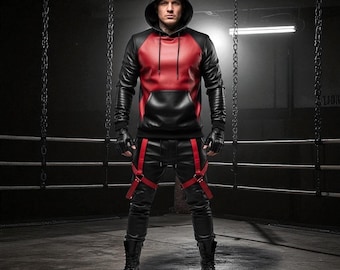 Men’s Black and Red Leather Hoodie & Pants | Futuristic Streetwear Outfit | Handmade Festival Dance Costume