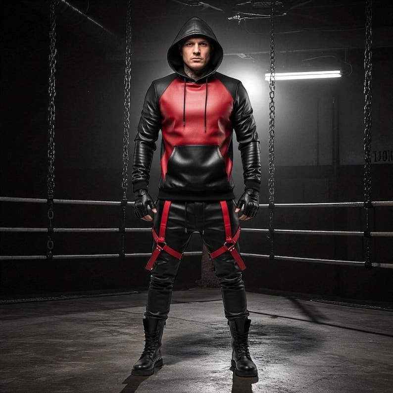 May include: A black and red leather hoodie with a hood and a kangaroo pocket. The outfit includes black leather pants with red suspenders, black gloves, and black boots. The person is standing in a boxing ring.