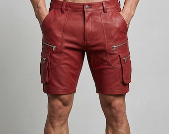 Herren Rote Echtleder Cargo Shorts mit Reißverschlusstaschen - Streetwear Biker-Stil