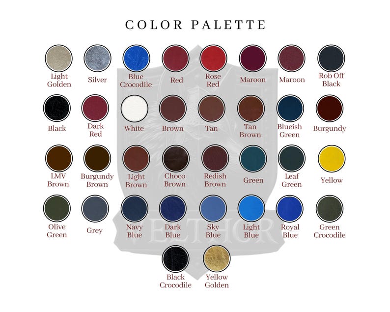 May include: A color palette chart featuring a variety of colors, including shades of blue, red, brown, and green. The text "COLOR PALETTE" is at the top. Each color is displayed in a circular swatch with its name below.