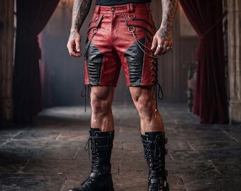 Men's Red Black Leather Cargo Shorts, Biker Gothic Punk Utility Motorcycle Style