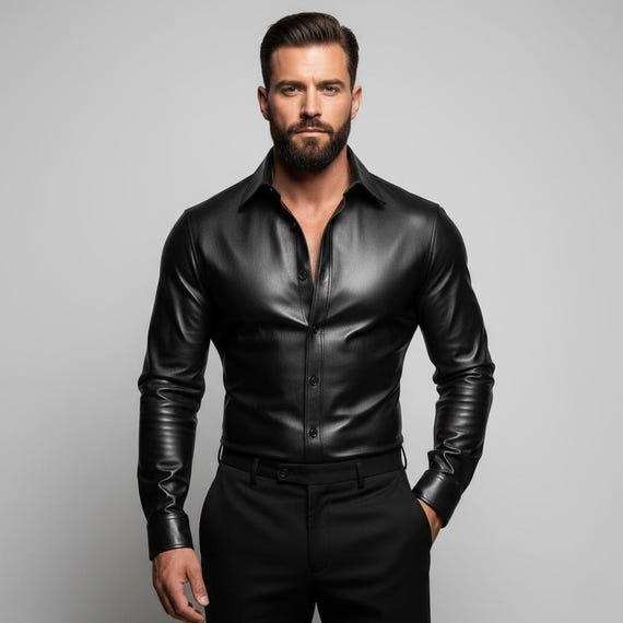 Men's Black Leather Shirt | Slim Fit, Custom Handmade