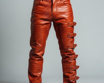 Men's Orange Croc Embossed Leather Biker Pants with Buckle Detail