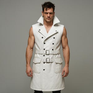 Men&#39;s Sleeveless Double-Breasted White Leather Trench Coat | Gothic Warrior Style Long Vest | Custom Fit Biker Overcoat