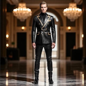 May include: A black leather suit with a crocodile texture, featuring a double-breasted jacket with gold trim and a matching belt. The suit includes fitted pants and boots. The background is a hallway with chandeliers.