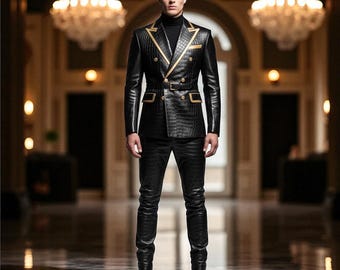 Herren Lederanzug Schwarz & Gold: Krokoprägung Blazer, Gothic Cosplay Outfit
