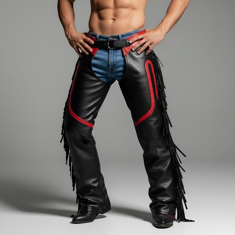 K&ouml;nnte beinhalten: Schwarze Lederchaps mit roten Akzenten und Fransen. Die Chaps haben ein klassisches Design mit einem G&uuml;rtel. Das Leder scheint hochwertig zu sein, und die roten Akzente setzen einen Farbakzent.