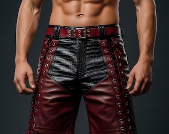 Herren Leder Shorts - Krokodil-Panel Schnür-Biker-Stil