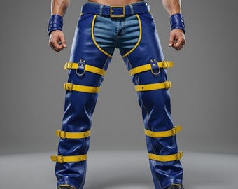 Men's Blue Leather Strap Pants | Gothic Biker Cyberpunk Trousers