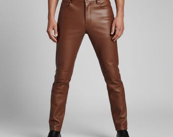 Men's Brown Leather Pants: Custom Slim Fit, Handmade