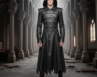 Handmade Black Leather Hooded Trench Coat: Gothic Cosplay Jacket, Custom Fit