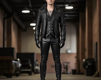 Handmade Black Leather Outfit: Gothic Moto Jacket, Buckle Vest, Slim Pants