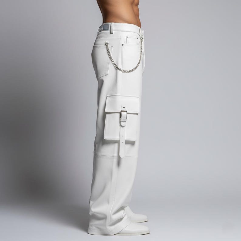 May include: White cargo pants with a silver chain detail and a pocket with a buckle closure. The pants have a straight leg design and are made of a smooth material. The pants are shown from the side.