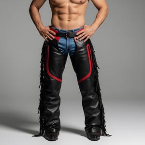 K&ouml;nnte beinhalten: Schwarze Lederchaps mit roten Zierleisten und Fransen. Die Chaps haben einen G&uuml;rtel und werden &uuml;ber einer blauen Jeans getragen. Das Design ist ein auff&auml;lliges Statement.