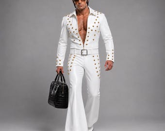 Weißes Lederhemd und Hosen Set, Herren Rockstar Kostüm, Nieten Leder Outfit, Elvis inspiriertes Halloweenkostüm, Schlaghose
