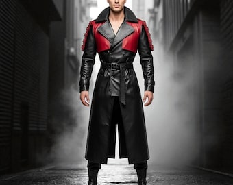 Handmade Black & Red Leather Trench Coat: Gothic Steampunk Cosplay
