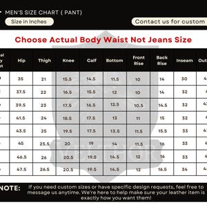 May include: A size chart for pants, with measurements in inches. The chart includes waist, hip, thigh, knee, calf, bottom, front rise, back rise, inseam, and outseam measurements. The text "Choose Actual Body Waist Not Jeans Size" is displayed.