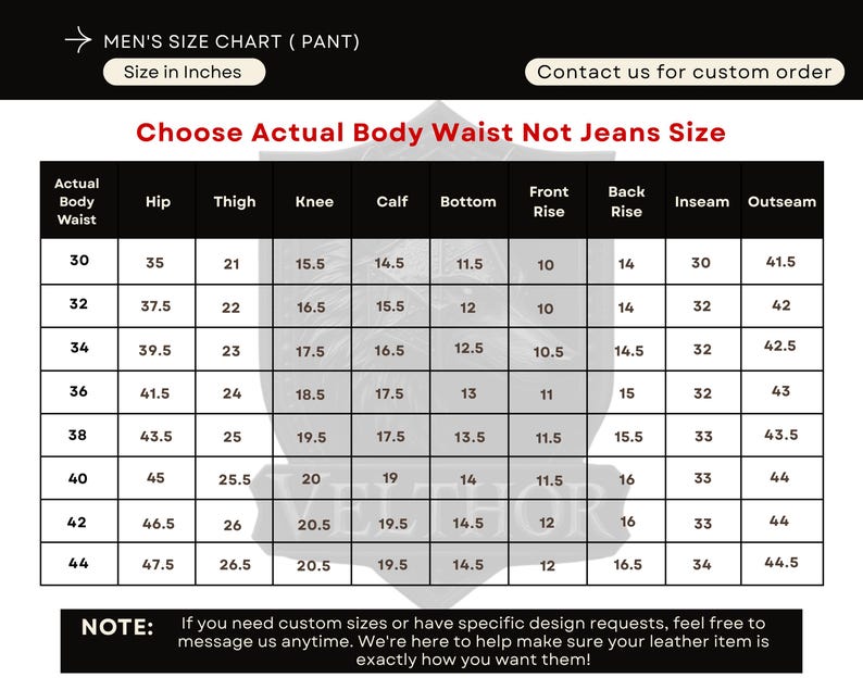 May include: A size chart for pants, with measurements in inches. The chart includes waist, hip, thigh, knee, calf, bottom, front rise, back rise, inseam, and outseam measurements. The text "Choose Actual Body Waist Not Jeans Size" is displayed.