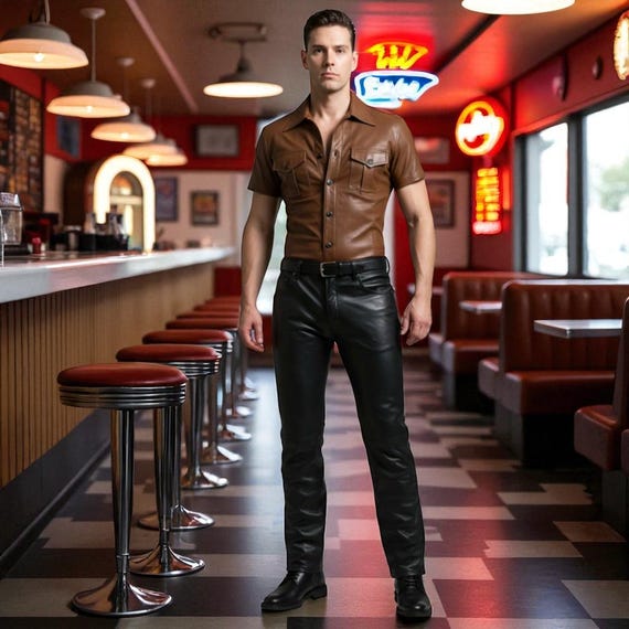 Men's Handmade Real Leather Outfit Set Brown Short Sleeve